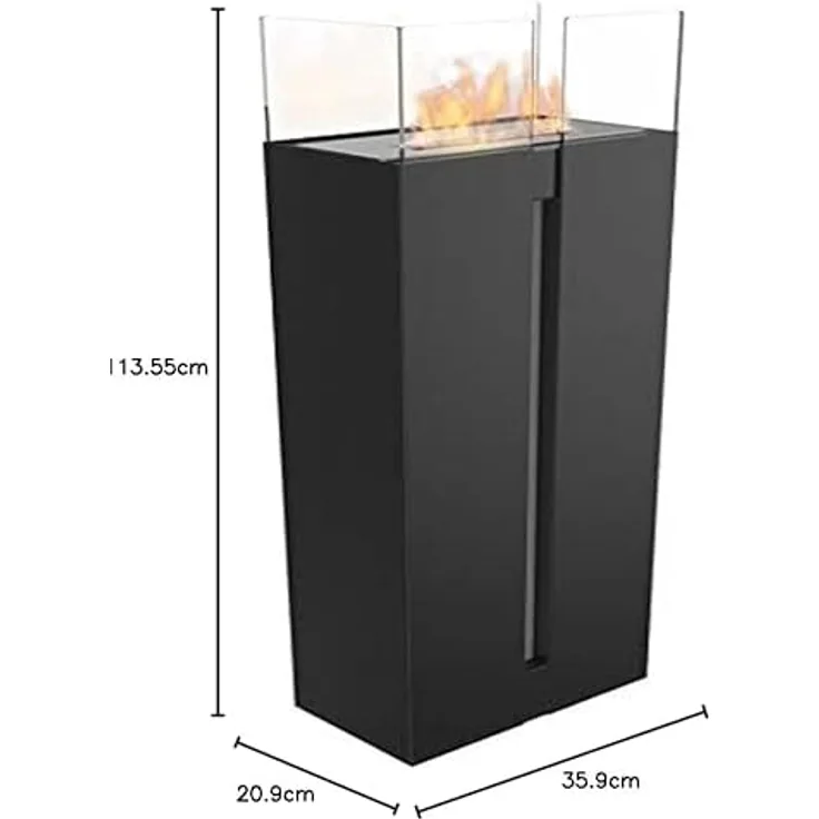 KRATKI Romeo Bioethanol-Kamin freistehender Biocontainer 0,5 l TÜV-zertifizierter pulverbeschichteter Stahl 4 Glasscheiben geschliffener Stahl schwarz 35 x 113 cm