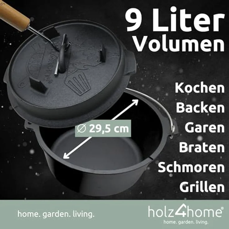 holz4home® Dutch Oven Gusseisen I 9L Feuertopf mit Zubehör I Deckelheber Reinigungsbürste Untersetzer Schmortopf zum Camping – Bild 5