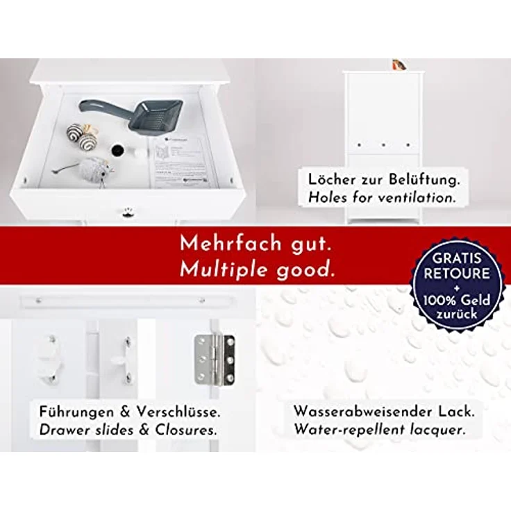 WONDERMAKE® Katzenschrank für Katzentoilette groß hoch aus Holz, Katzenklo-Schrank Kommode mit Schublade und Tür geschlossen, Design Katzen-Haus Toilette Klo XL, 51 x 46 x 96 cm, weiß – Bild 3