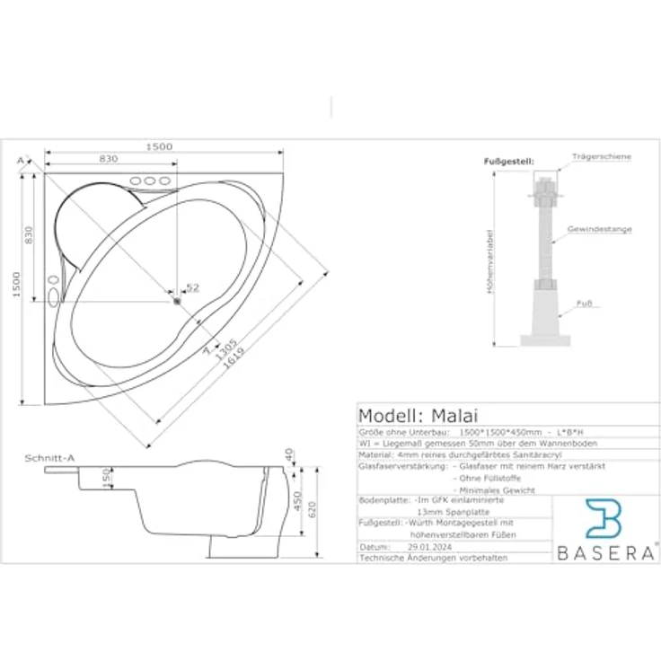 Basera® Whirlpool-Badewanne Malai 150 x 150 cm, (Komplett-Set), mit 21 Massagedüsen, Wasserfall, LED, Touchpanel, Bluetooth und Radio - Preisvergleich – Bild 6