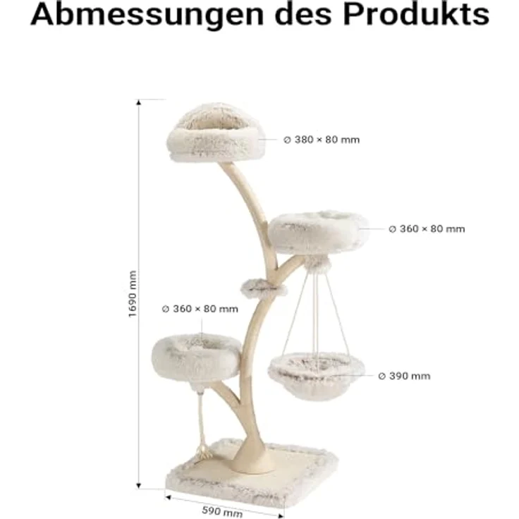 Fudajo Designer Kratzbaum mit Hängeliege, 3 Etagen, 59 x 59 x 169 cm, bis 15 kg, mit Sisal und Plüsch – Bild 3