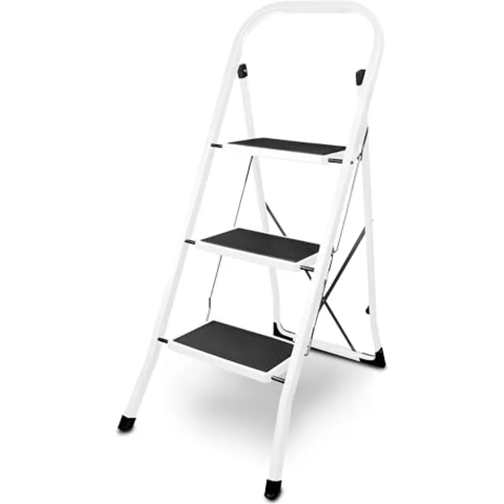 siwitec Klapptritt aus Stahl mit 3 Stufen, Weiss, kleine Leiter mit Anti-Rutschmatten, 150 kg Traglast, TÜV/GS Zertifiziert,Klappleiter, Tritthocker