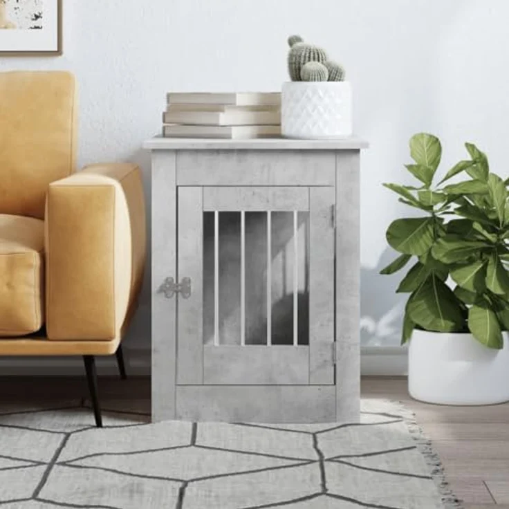 vidaXL Hundekäfig im Möbelstil, Abschließbar Hundebox mit Tür, Hundehütte Beistelltisch mit 2-in-1-Funktion, Hundehaus Haustierkäfig, Betongrau 55x80x68 cm Holzwerkstoff – Bild 3