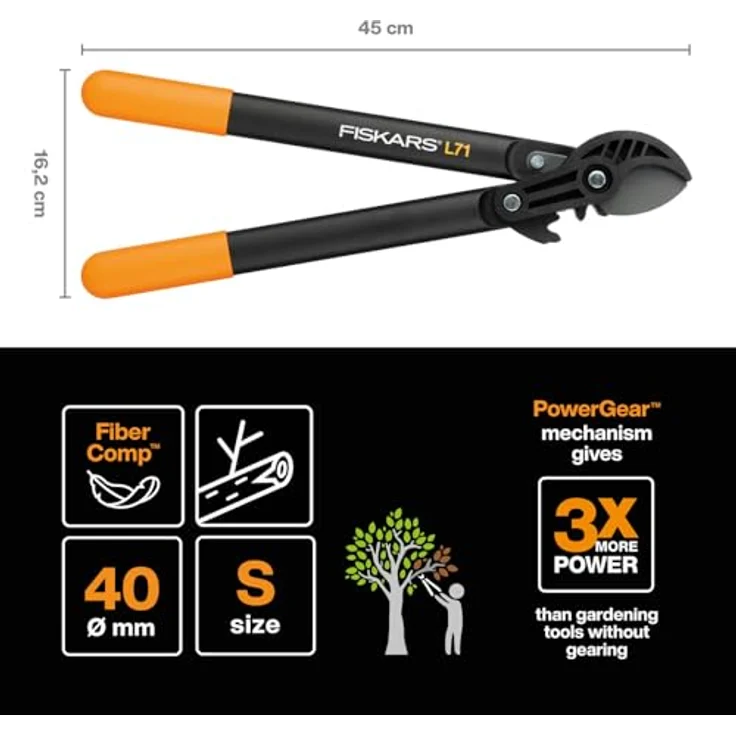 Fiskars PowerGear Amboss-Getriebeastschere für trockene Zweige und Äste, Antihaftbeschichtet, Gehärteter Präzisionsstahl, Länge 45 cm, Schwarz-Orange, L71, 1001556 – Bild 2