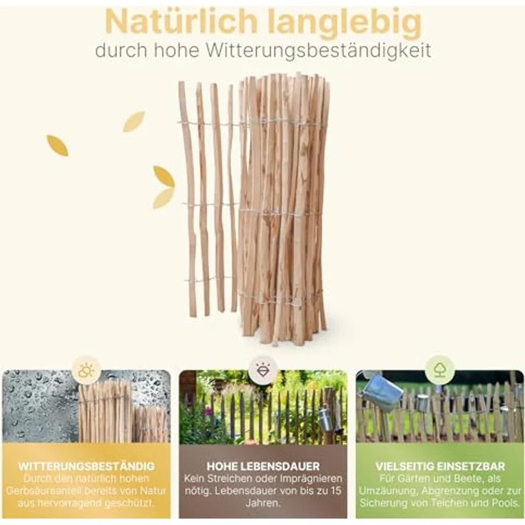STILTREU Staketenzaun Haselnuss, 100 cm hoch, 5 Meter lang, Lattenabstand 3-5 cm, witterungsbeständig, handgefertigt – Bild 6
