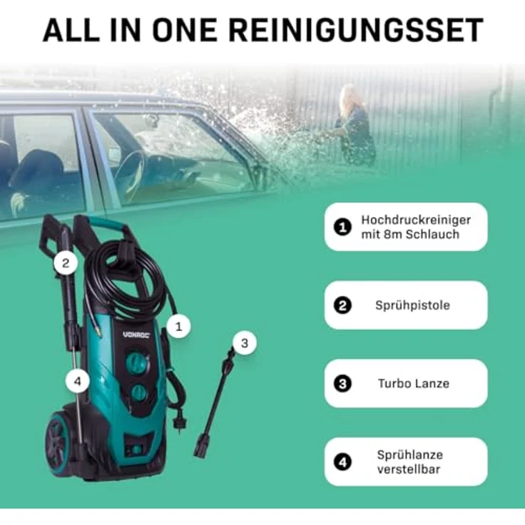 VONROC Hochdruckreiniger, 2200 W, 170 bar, 450 l/h, 8-teilig mit Reinigungstank und Aluminium-Pumpe, inkl. Zubehör-Kit – Bild 4