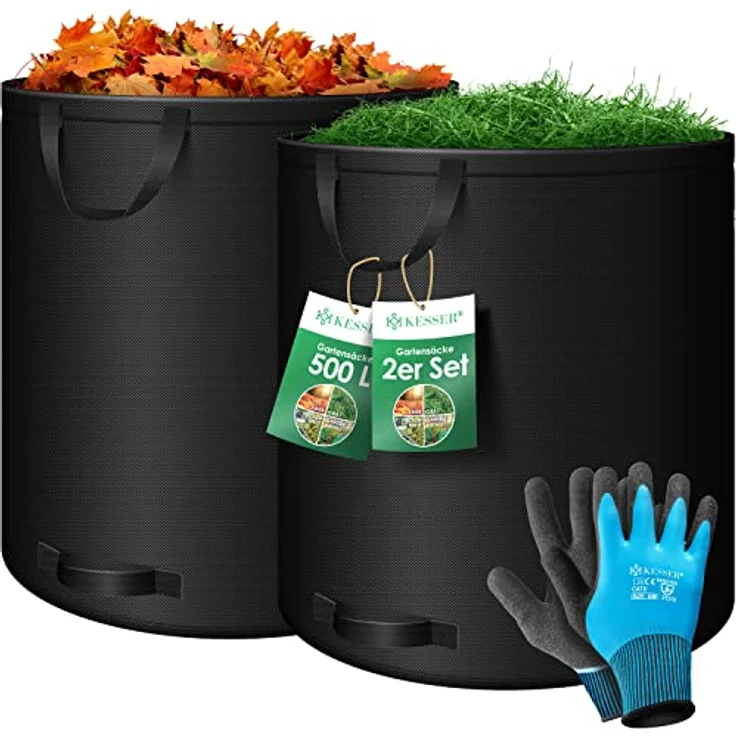 KESSER® Gartensack 2x 500L Set Laubsack Gartenabfallsack inkl. Handschuhe - Selbststehend 4 Griffe Stabil Robust & Faltbar - Laubsäcke Rasenschnitt für Gartenabfälle Grünschnitt Schwarz – Bild 1