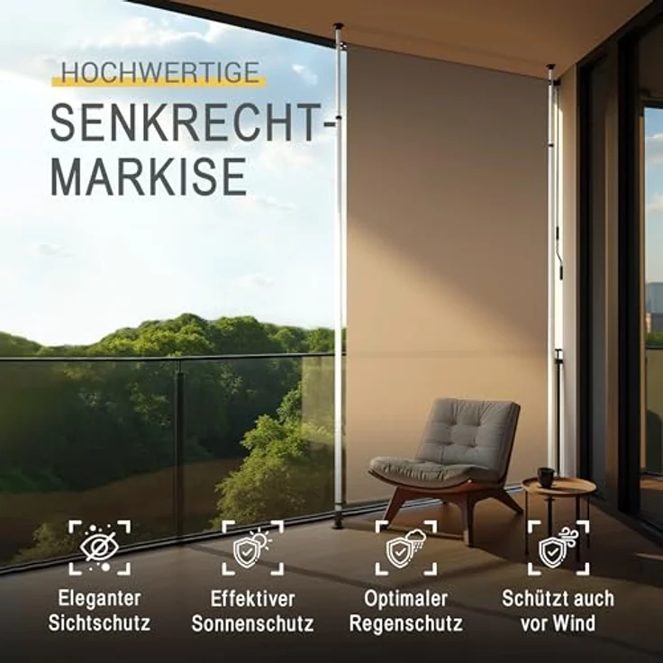 Sol Royal Klemmmarkise Senkrechtmarkise 100x310cm, Sichtschutz & Sonnenschutz für Balkon, Windschutz Garten, Handkurbel, Beige, wasserdicht, ohne Bohren – Bild 2