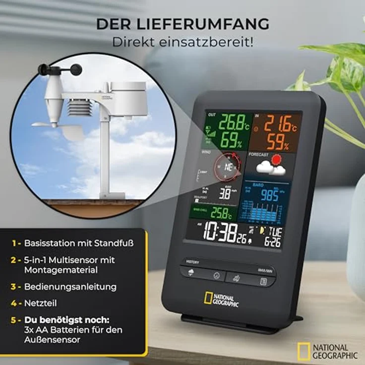 National Geographic Color-Display Center 5in1 9080500, kabellose Wetterstation mit 12-24 Stunden Wettervorhersage – Bild 7