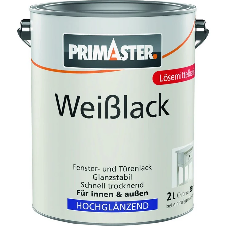 Primaster Weißlack hochglänzend, lösemittelhaltiger Alkydharz-Lack für Innen und Außen, 2 L, weiß