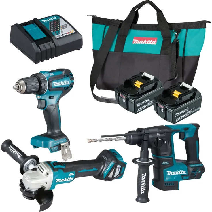 Makita 18V Akku-Kombo-Kit DLX3179TX1 2x Akku 5,0 Ah, Tasche, Ladegerät, Akku-Bohrschrauber DDF485Z, Akku-Winkelschleifer DGA511Z, Akku-Bohrhammer DHR171Z