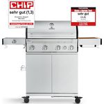 BURNHARD 4-Brenner Gasgrill Big FRED Deluxe Series 3 inkl. Backburner, 900°C Infrarot-Keramikbrenner, Seitenkochfeld, Edelstahl-Grillrost, Grillabdeckung, Edelstahl Grillwagen + klappbare Seitentische, Edelstahl