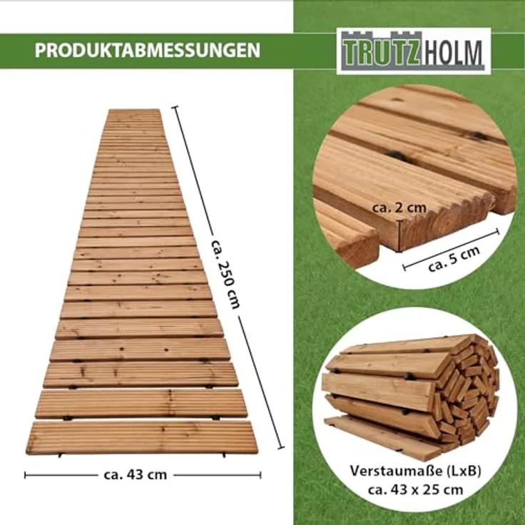 TRUTZHOLM 2X Holzpfad ausrollbar 250x43x2 cm rustikales Tannenholz mit Anti-Rutsch Oberfläche wetterfester Holzweg für Garten, Hinterhof, Strand - Pflegeleichter Rollweg zur Gartengestaltung – Bild 3