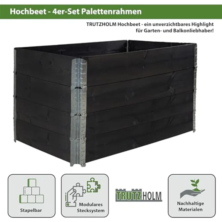 TRUTZHOLM Hochbeet 4er Set Palettenrahmen Pflanzbeet 120x80x80 cm aus Holz schwarz Garten Balkon stapelbar – Bild 2