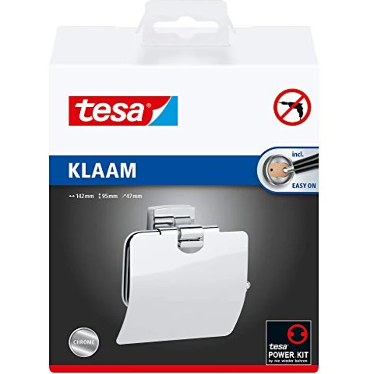 tesa KLAAM Toilettenpapierhalter mit Deckel, verchromt - WC-Rollenhalter zur Wandbefestigung ohne Bohren, inkl. Klebelösung - 125mm x 140mm x 53mm – Bild 2
