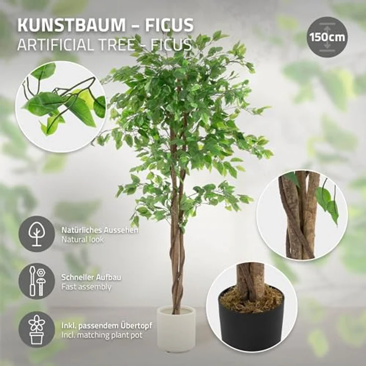 ML DESIGN Kunstpflanze Ficus 150 cm, naturgetreuer Kunstbaum mit Naturholzstamm im schwarzen Topf, pflegeleichte Deko für Innen/Außen, ideal für Wohnzimmer und Büro – Bild 2