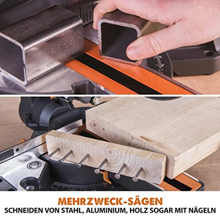 Evolution Schiebe-Kapp- und Gehrungssäge R210SMS+, 1500 W, 230 mm Schlitten, präziser Multimaterialschnitt mit Ø 210 mm HM/TCT Sägeblatt, Schrägschnitt und Gehrungswinkeln – Bild 5