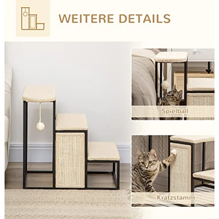 PawHut Haustiertreppe 3-stufige Katzentreppe Hundetreppe mit Kratzbrett und Spielball Einstieghilfe Praktische & Leichte Tiertreppe Stahl Sisal Cremeweiß+Schwarz 51 x 54 x 53cm – Bild 4
