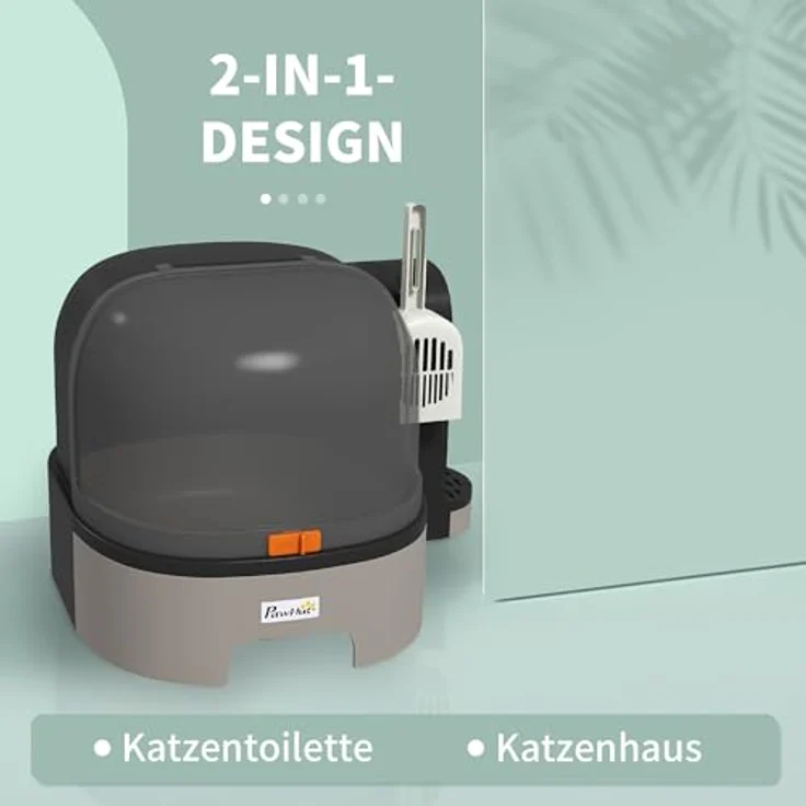 PawHut Katzentoilette, Katzenhaus, Katzenklo inklusive Schaufel, 2 Herausziehbarer Bodenwannen, Haube, Grau, 52 x 60 x 42 cm – Bild 3