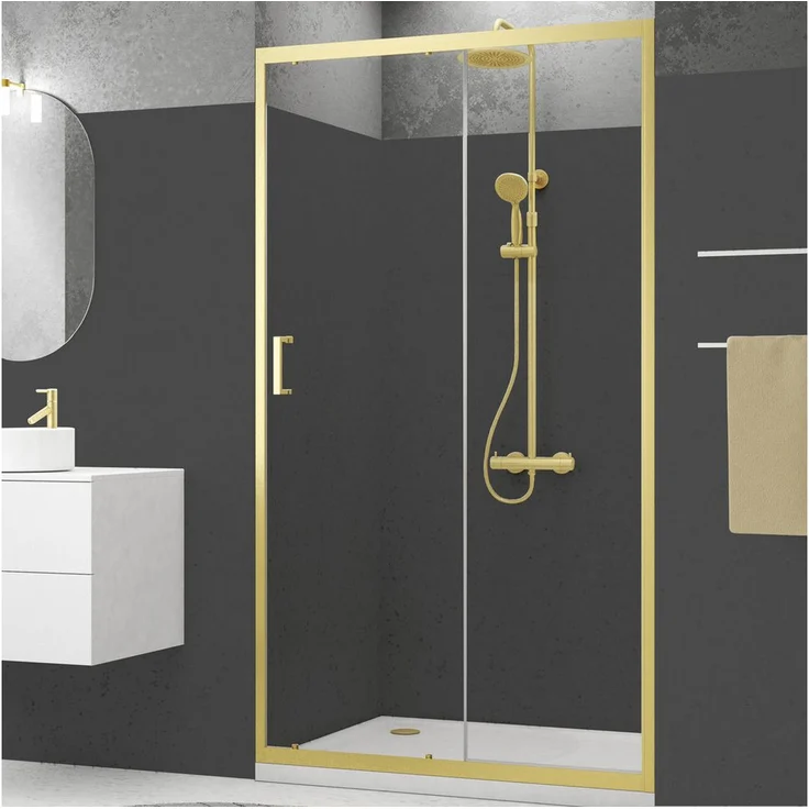 Marwell Walk-in-Dusche Golden Stage, Einscheibensicherheitsglas, Schiebetür mit Öffnungsbreite 49 cm, goldene Aluminiumprofile – Bild 1