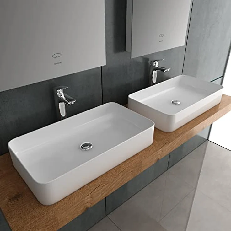 Alpenberger Aufsatzwaschbecken 60 cm Breit mit Nano Beschichtet | Sauberes Keramik Waschbecken Eckig | Waschtisch ohne Hahnloch für Bad & Gäste-WC | Design Aufsatz-Waschschale Modern ohne Überlauf – Bild 4
