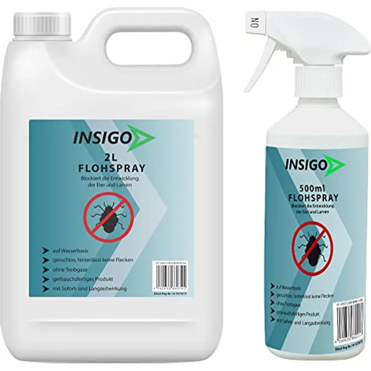 INSIGO Anti-Floh-Spray 2 Liter + 500ml | Hochwirksame Flohbekämpfung | Mittel gegen Flöhe auf Wasserbasis | Floh-Abwehr gegen Larven & Eier | Fleckenfreies Floh-Mittel mit Langzeitwirkung