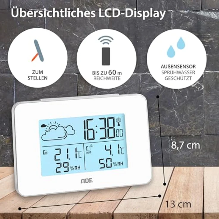 ADE WS2136 Digitale Wetterstation Funk mit Außensensor | Innen und Außentemperatur | Luftfeuchtigkeitsmesser | animierte Wettervorhersage | Funkwecker mit Schlummerfunktion | weiß – Bild 3