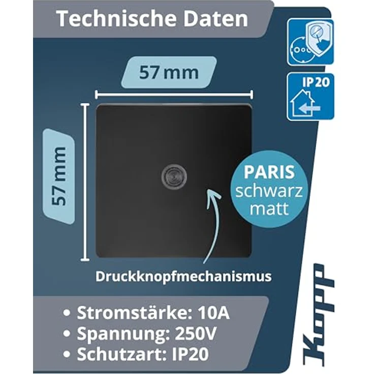 Kopp PARIS Taster Unterputz beleuchtet in Matt-Schwarz, 10AX Schaltvermögen für Klingel & Türöffner, IP20, 250V~ – Bild 2