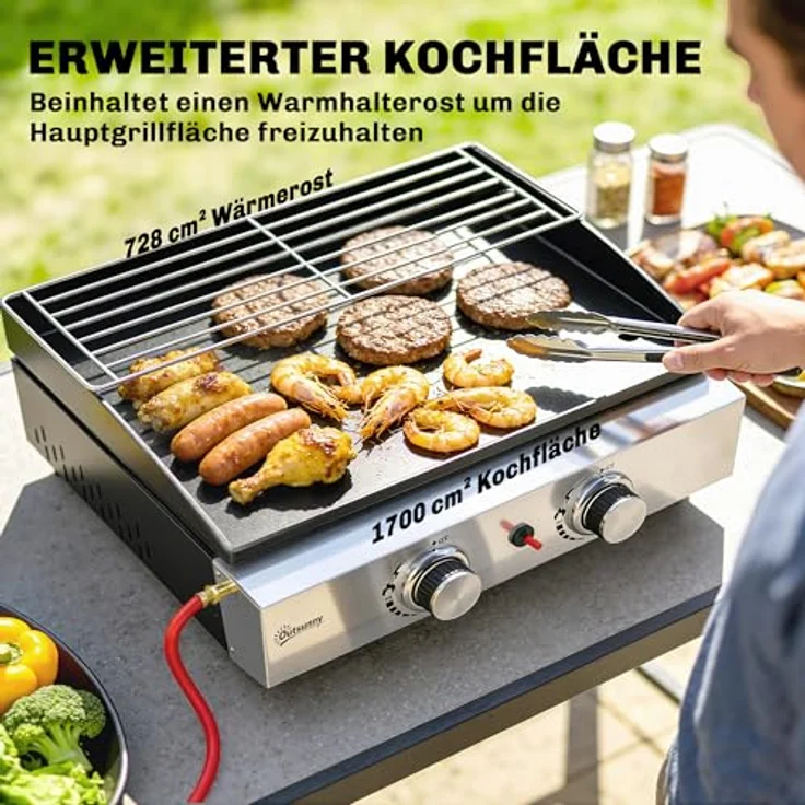 Outsunny Gasgrill 5 KW, tragbarer Tischgrill mit 2 Edelstahlbrennern, emaillierte Grillplatte, herausnehmbarer Fettauffangschale für Garten und Balkon – Bild 4