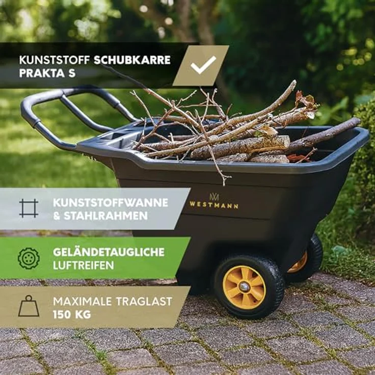Westmann Prakta S Schubkarre, Kunststoffwanne mit Stahlrahmen, 90 L, Traglast 150 kg, Luftreifen und Kippfunktion – Bild 3