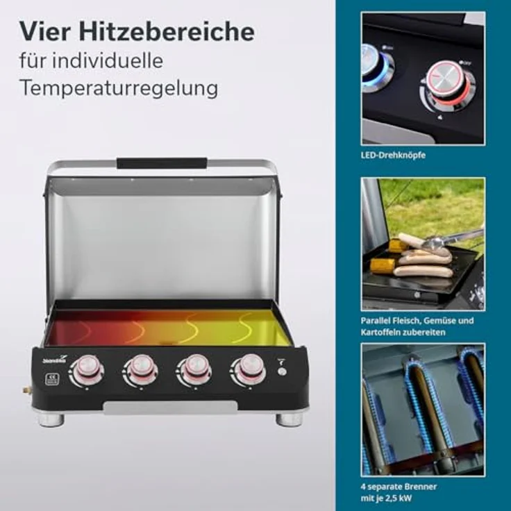 Skandika Plancha Grill Palo 4-Brenner Plus, Gasplancha Grillplatte mit Deckel, 4 separat steuerbare Brenner, transportabler Tischgrill für Outdoor und Camping – Bild 4
