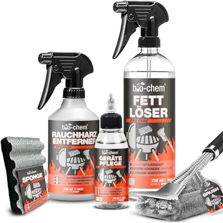 bio-chem Grill- und Backofen Reinigungsset 5-teilig, inkl. Rauchharz-Entferner, Fettlöser, Gerätepflege, Grillbürste und Grillschwamm, für Gasgrill, Edelstahl, Gusseisen, Smoker - Made in DE – Bild 1