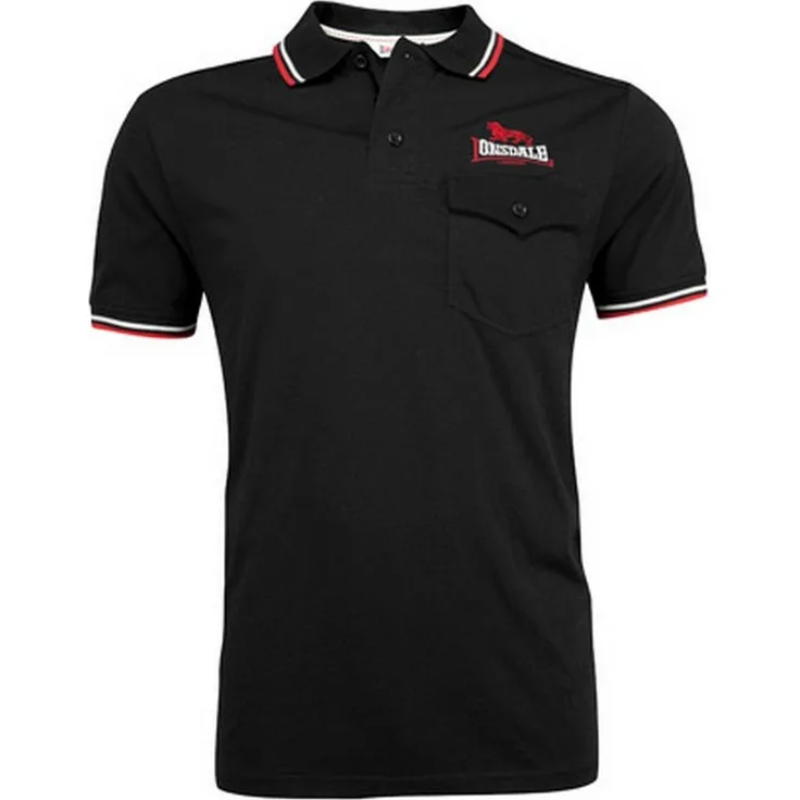 Lonsdale Poloshirt Lynton, Arbeitsshirt mit farblich abgesetzten Stickereien, gestreiften Bündchen und Brusttasche, schwarz