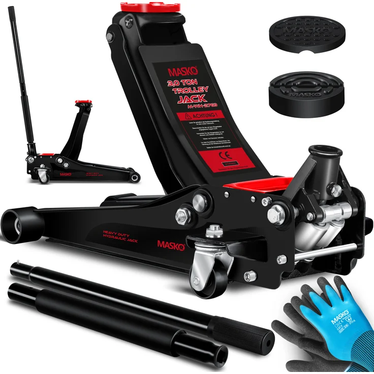 Masko Wagenheber hydraulisch mit flacher Hubhöhe, 2x Gummiauflage, Handschuhe - 3 Tonnen, schwarz