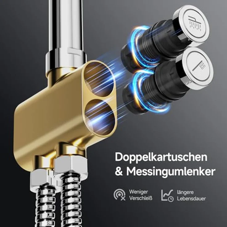 Rainsworth Duschsystem ohne Wasserhahn, Chrom – 30 x 30 cm Eck-Regendusche und Duschkopf mit 3 Strahlarten, mit Messing-Umsteller, Duschsäulen-Set mit Ablage – Bild 3