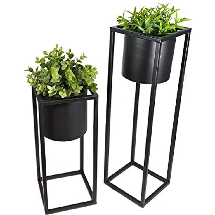 Spetebo Metall Blumentopfständer in schwarz 2er Set - Eckiger Ständer mit schwarzem, rundem Topf - 35 und 50 cm - Blumentopfhalter mit Topf - Planzenständer eckig
