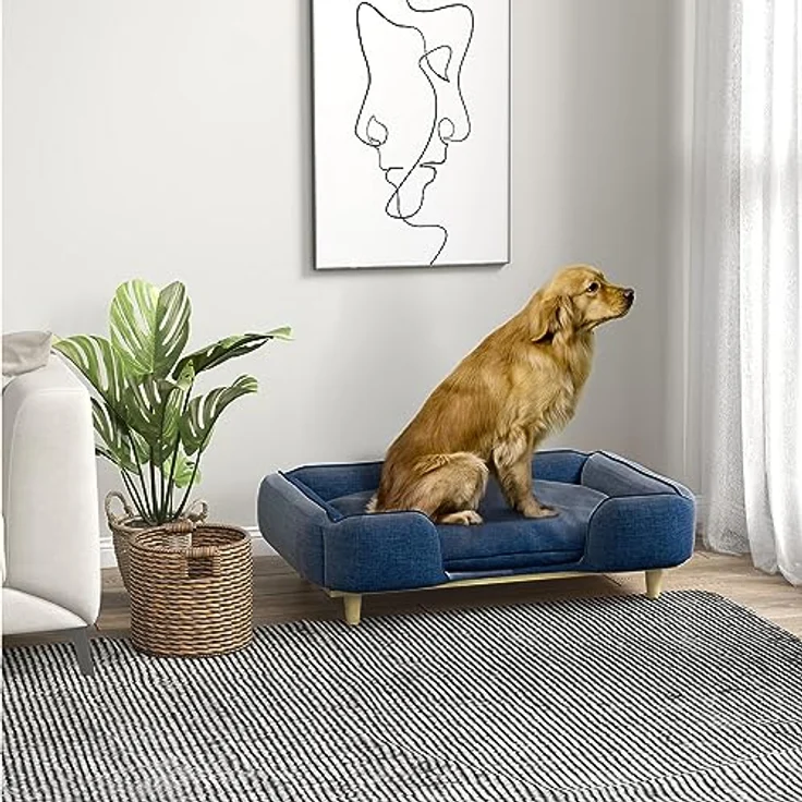 PawHut Hundesofa, Haustiersofa mit Kissen, Hundebett mit Erhöhtem Design, Katzensofa, Hundecouch, Hundesessel mit Holzbeine, Polyester, Dunkelblau, 96 x 66 x 24 cm – Bild 2