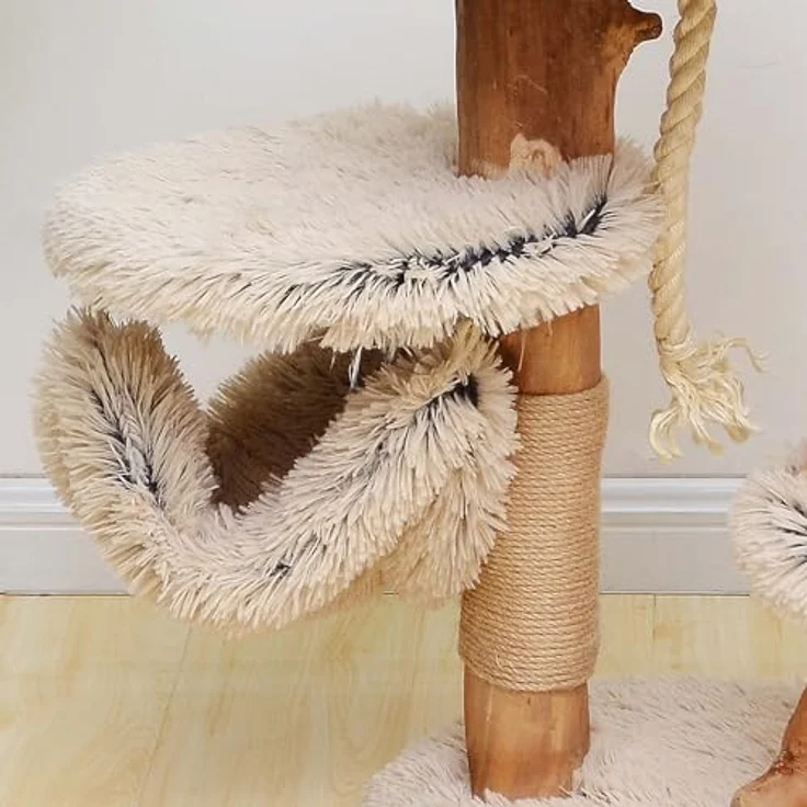 Fudajo Kratzbaum mit Holz und Plüsch 87,5 cm hoch, Designer Katzenkratzbaum mit Birnbaumholz, Katzenbaum mit Hängematte, Katzenmöbel mit Liege, helle Plüschdesign – Bild 3