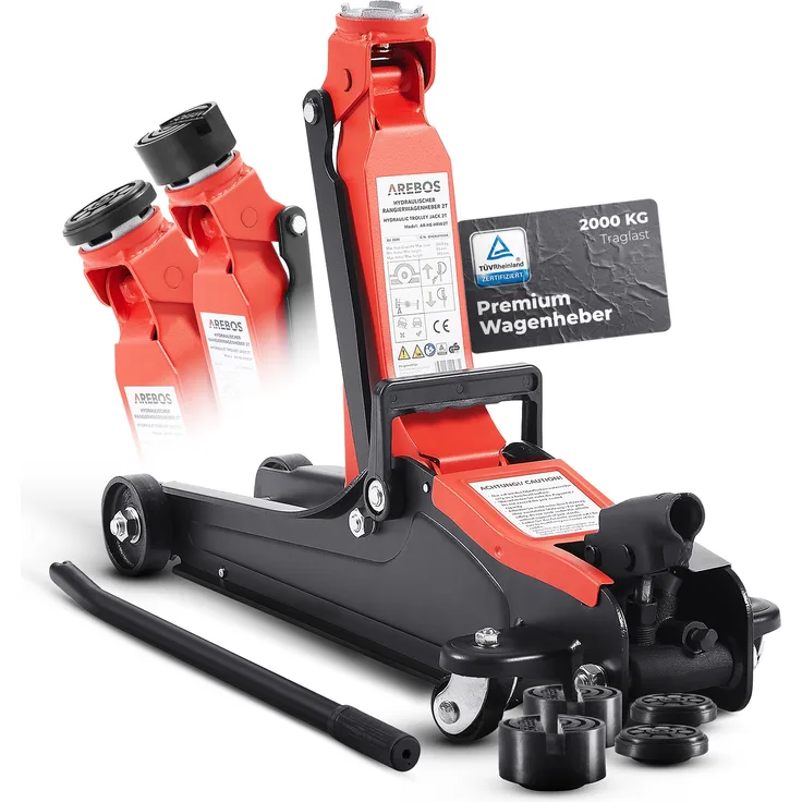 AREBOS 2t Hydraulischer Rangierwagenheber Autoheber - Niedrige Hubhöhe, hohe Tragkraft - Rot/Schwarz