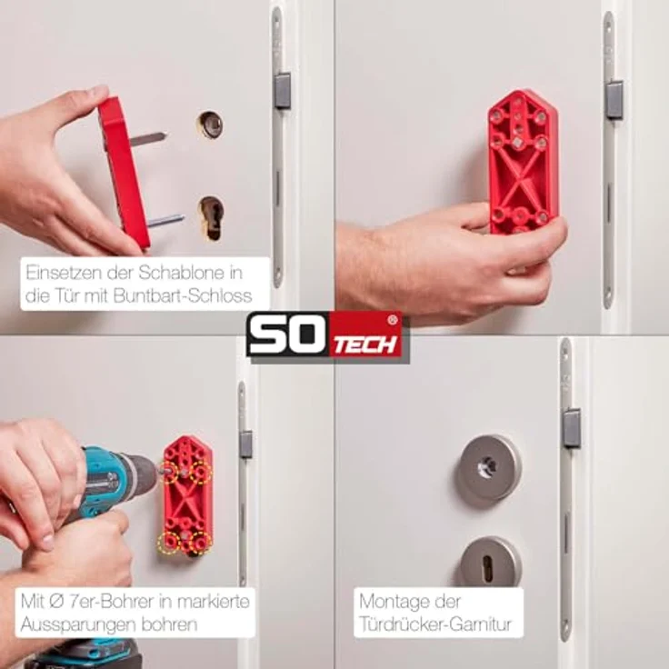 SOTECH Bohrschablone für Türdrücker mit Rosettengarnitur, Kunststoff (rot), für alle Türen mit Buntbart, Profilzylinder, WC und Wechselschloss geeignet - Preisvergleich – Bild 2