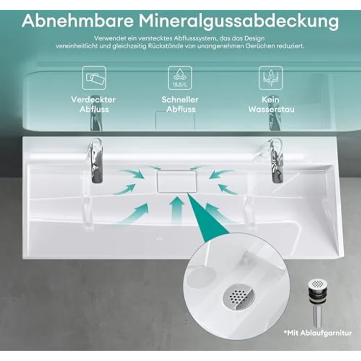 Mai & Mai Aufsatzwaschbecken Col19 Hängewaschtisch inkl. Ablaufgarnitur 2 Armaturenlöcher, Mineralguss, rechteckige Form, weiß – Bild 3