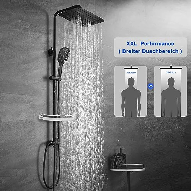JOHO Edelstahl Duschsystem mit XXL Regendusche 35x25cm, höhenverstellbar, schwarz – Bild 2