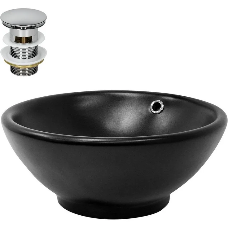 LuxeBath Aufsatzwaschbecken aus Keramik, Schwarz, Ø 420 x 170 mm, inkl. Ablaufgarnitur mit Überlauf