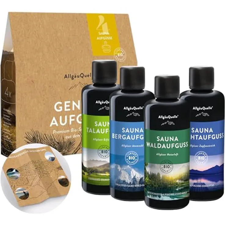 AllgäuQuelle® Saunaaufguss Set Bio 4er, 4 x 100 ml naturreine ätherische Öle, mit Insider-Tipps aus dem Allgäu