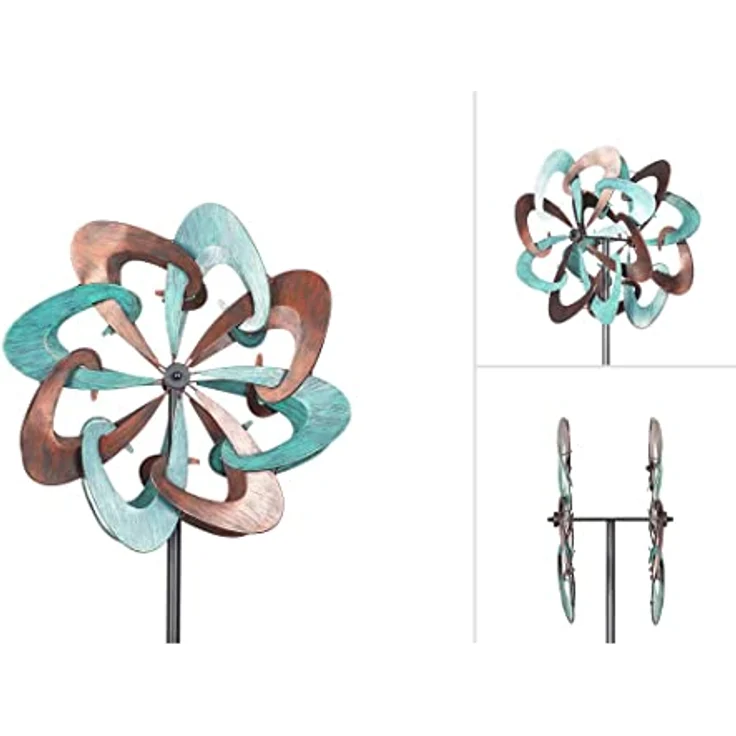 Kinetic Art Windspiel Metall Windrad Copper Swirl Duett, kugelgelagert mit LED, wetterfest und standfest inkl. Bodenanker für Terrasse und Garten – Bild 3