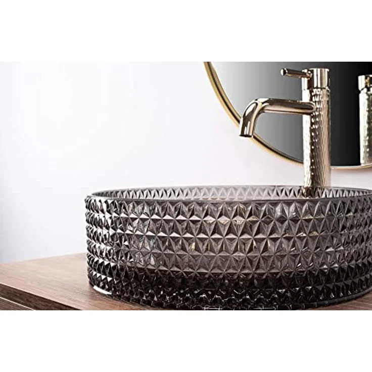 Rea Aufsatzwaschbecken Cristal Black, Glas-Waschbecken für Badezimmer, freistehend, 355 x 355 x 115 mm (schwarz) – Bild 4