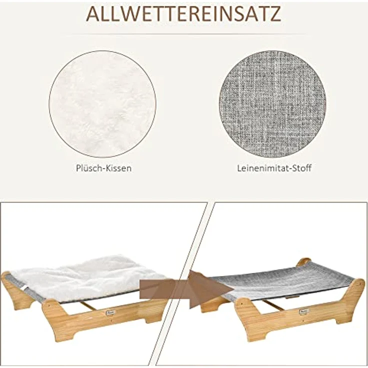 PawHut Katzenbett mit Gestell Hängematte für Katzen erhöhtes Katzennest mit weichem Kissen Kiefernholz Natur 68 x 43 x 20 cm - Preisvergleich – Bild 4