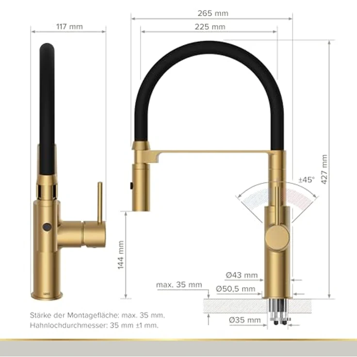 Lenz Küchenarmatur NALU, Flexible Pendelbrause mit 2 Strahlarten und Anti-Fingerabdruck-Beschichtung, gold – Bild 3