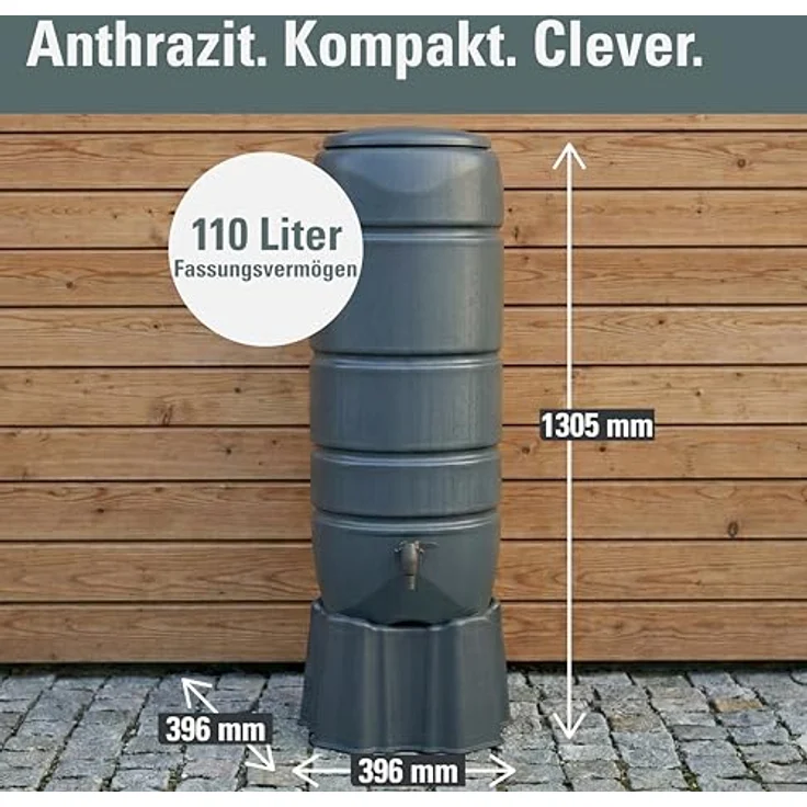 Prosperplast Regentonne Vuelta, 110 l, anthrazit, Set 3-tlg mit Unterstand und Wasserhahn – Bild 4