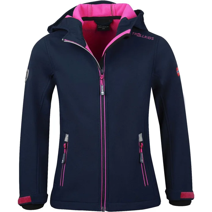 TROLLKIDS Softshelljacke Trollfjord Wasserabweisend, Mädchen (tailliert) mit reflektierenden Details, norwegische Flagge, blau